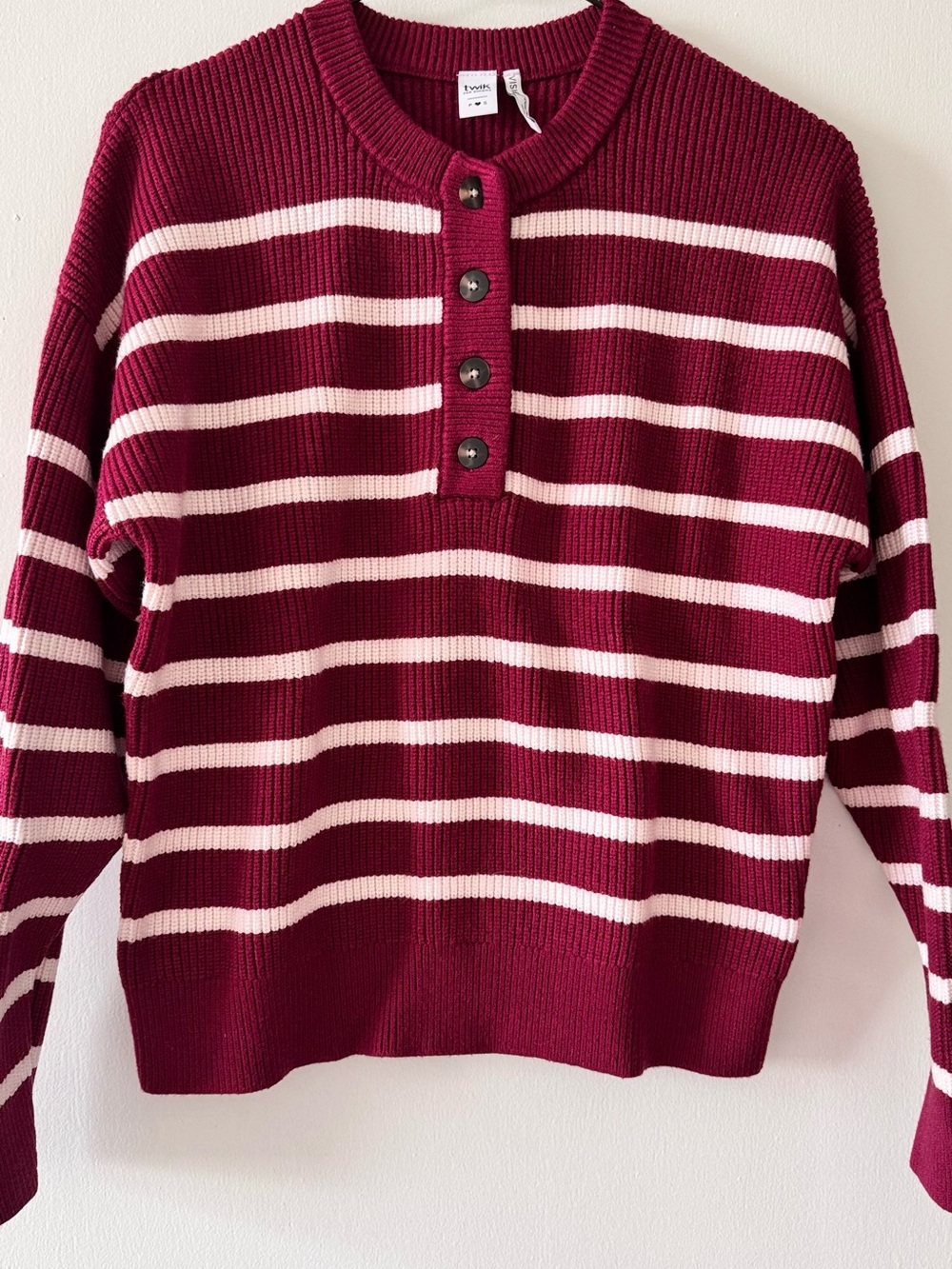twik Burgundy & Cream Striped Henley Sweater